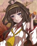  1girl absurdres ahoge blush brown_hair commentary_request detached_sleeves double_bun floral_background flower grey_eyes hair_bun hairband hand_up headgear highres holding holding_flower japanese_clothes kantai_collection kongou_(kancolle) kongou_kai_ni_(kancolle) long_hair looking_at_viewer nontraditional_miko open_mouth ribbon-trimmed_sleeves ribbon_trim smile solo upper_body ym_1221 