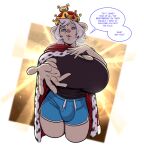 2022 5_fingers anthro backlighting badger big_breasts big_bulge black_clothing black_shirt black_t-shirt black_topwear blue_bottomwear blue_clothing blue_eyes blue_hotpants blue_shorts boosterpang bottomwear breasts bulge busty_boy_(lore) cape cleavage clothed clothed_anthro clothed_gynomorph clothing conjoined_speech_bubble crown dialogue digital_drawing_(artwork) digital_media_(artwork) english_description english_text fingers fur gender_symbol gynomorph hair headgear hotpants huge_breasts intersex jamie_(boosterpang) light lighting male/male_symbol male_(lore) male_symbol mammal mustelid musteline outstretched_hand portrait sexuality_symbol shirt shorts solo speech_bubble symbol t-shirt tan_body tan_fur text three-quarter_portrait topwear white_hair