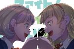  2girls backlighting blonde_hair blue_eyes blue_jacket blunt_bangs brown_hair clenched_hand commentary_request drill_hair fist_bump green_eyes hairband heanna_sumire highres jacket long_hair looking_at_another love_live! love_live!_superstar!! multicolored_hair multiple_girls neck_ribbon open_mouth pink_hair red_hairband red_ribbon ribbon school_uniform shirt short_hair streaked_hair tang_keke translation_request white_shirt yu_lettuce yuigaoka_school_uniform 