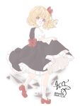  :d ankle_socks artist_name blonde_hair bow brown_dress chame_(myyo04) dated dress from_side full_body hair_bow highres looking_at_viewer looking_to_the_side open_mouth petticoat puffy_short_sleeves puffy_sleeves red_bow red_eyes red_shoes rumia shirt shoes short_hair short_sleeves signature simple_background skirt_hold smile socks solo touhou twitter_username white_background white_shirt white_socks 