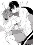  2boys ace_trappola arms_around_waist blush closed_eyes closed_mouth commentary_request covered_mouth deuce_spade feet_out_of_frame greyscale hair_behind_ear highres hood hood_down hoodie knees_up long_sleeves looking_back lying male_focus mofu_twst monochrome multiple_boys on_side pants parted_bangs pillow red_eyes shirt short_hair shorts speech_bubble spooning spot_color striped_clothes striped_pants translation_request twisted_wonderland vertical-striped_clothes vertical-striped_pants white_background yaoi 