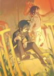  2boys ahoge black_hair black_jacket black_pants black_shoes buttons checkered_neckerchief danganronpa_(series) danganronpa_v3:_killing_harmony day double-breasted ewa_(seraphhuiyu) flipped_hair hair_between_eyes highres jacket long_sleeves multiple_boys neckerchief oma_kokichi outdoors pants purple_hair saihara_shuichi shoes smile white_jacket white_pants 