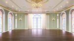  arch arched_window ballroom ceiling_light chandelier column curtains day highres no_humans non-web_source official_art our_life:_beginnings_and_always pillar reflective_floor scenery wall_lamp window window_light wooden_floor 