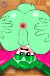 absurd_res anthro anus ass_up balls brown_eyes butt clothing eyeshadow fan_character floor fur genitals green_body green_fur green_hair grey_body hair half-closed_eyes hi_res lagomorph legwear leporid long_ears looking_at_viewer makeup male mammal narrowed_eyes open_mouth pau_the_rabbit pink_nose rabbit scut_tail sega short_tail sirjzau solo sonic_the_hedgehog_(series) spread_anus spread_legs spreading tail