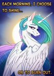 burnout emotional equid equine feral friendship_is_magic hasbro hi_res horn horse mammal mood my_little_pony mythological_creature mythological_equine mythology pony princess_celestia_(mlp) sad_smile solo sun sunny_way sunrise tired winged_unicorn wings