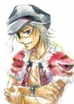  1boy black_hat blue_eyes bracelet commentary_request crossed_arms eyepatch fur-trimmed_jacket fur_trim grin hat jacket jewelry looking_at_viewer lowres male_focus newsboy_cap open_clothes open_jacket ragnarok_online red_jacket red_shirt rogue_(ragnarok_online) scar scar_on_face scar_on_nose shirt short_hair simple_background smile solo spiked_bracelet spikes upper_body white_background white_hair yukimushi 