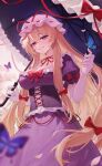  1girl absurdres blonde_hair blue_butterfly bow breasts bug butterfly butterfly_on_hand choker cleavage commentary corset cowboy_shot dress dress_bow elbow_gloves frilled_dress frills gloves grin hands_up hat hat_ribbon highres holding holding_umbrella ku_qiao_kujo long_hair looking_at_viewer mob_cap parasol parted_lips pink_eyes puffy_short_sleeves puffy_sleeves purple_dress red_bow red_ribbon ribbon ribbon_choker short_sleeves sleeve_bow smile solo touhou umbrella very_long_hair white_gloves white_hat yakumo_yukari 