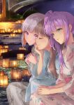  3girls absurdres alternate_costume blue_kimono blush brown_hair closed_mouth colored_inner_hair commentary_request floral_print floral_print_kimono fujishima_megumi green_eyes grey_hair grey_kimono grin hair_bun hair_intakes hands_on_lap highres hydrangea_print japanese_clothes kimono kobassy lantern link!_like!_love_live! long_hair love_live! multicolored_hair multiple_girls otomune_kozue outdoors photo_background pink_eyes print_kimono profile purple_hair red_hair short_hair side_ponytail sidelocks single_side_bun sitting smile split_mouth streaked_hair three-quarter_sleeves virtual_youtuber white_kimono yugiri_tsuzuri 