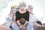  1girl 2boys anastasia_(fate) anastasia_(swimsuit_archer)_(second_ascension)_(fate) bare_shoulders black_shirt blue_flower book braid breasts cleavage closed_eyes collared_shirt commentary_request dress dress_swimsuit earrings fate/grand_order fate_(series) flower flower_wreath grey_hair hair_over_one_eye head_on_another&#039;s_shoulder head_wreath highres hugging_doll hugging_object james_moriarty_(ruler)_(fate) jewelry kadoc_zemlupus lightning_ahoge long_hair multiple_boys one_eye_closed shirt sleeping tia_(cocorosso) twin_braids viy_(fate) white_dress white_flower white_shirt yellow_eyes 