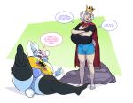 2022 anthro backwards_baseball_cap backwards_hat badger baseball_cap bell bell_collar big_breasts big_bulge black_baseball_cap black_clothing black_legwear black_shirt black_t-shirt black_thigh_highs black_topwear blue_bottomwear blue_clothing blue_eyes blue_hair blue_hotpants blue_shorts boosterpang bottomwear breasts bulge burger_king burger_king_crown busty_boy_(lore) cape cleavage clothed clothed_anthro clothed_gynomorph clothing collar conjoined_speech_bubble controller crossed_arms dialogue digital_drawing_(artwork) digital_media_(artwork) duo english_description english_text eye_roll fist frown fur furgonomic_baseball_cap furgonomic_hat furgonomic_headwear furgonomics game_controller gesture gynomorph hair hand_gesture hand_on_head hat headgear headwear holding_controller holding_game_controller holding_object hotpants huge_breasts intersex jamie_(boosterpang) jingle_bell jingle_bell_collar lagomorph laughing_at_another legwear leporid long_ears male_(lore) mallkin mammal multicolored_hair mustelid musteline nintendo_64_controller open_frown open_mouth open_smile pb_(theycallhimcake) pink_hair pointing pointing_at_another purple_bottomwear purple_clothing purple_hotpants purple_shorts rabbit scut_tail shirt short_tail shorts smile speech_bubble t-shirt tail tan_body tan_fur text thigh_highs topwear two_tone_hair white_body white_fur white_hair yellow_clothing yellow_topwear