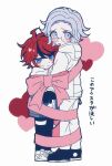 2boys ahoge aotsuki_eito black_gloves black_hair black_pants black_shoes blue_eyes blush_stickers bound_together closed_mouth commentary_request frown glasses gloves grey_eyes grey_hair grey_jacket heart height_difference hood hood_down hooded_jacket hoodie jacket jacket_over_hoodie male_focus multicolored_hair multiple_boys open_clothes open_jacket open_mouth pants pink_ribbon red_hair ribbon semi-rimless_eyewear shi_gu_(sigu_69) shoes short_hair sneakers streaked_hair sumino_takumi sweat tareme the_hundred_line_-last_defense_academy- thigh_strap translation_request tsurime two-tone_hair white_hoodie white_jacket white_pants white_shoes yaoi 