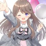  1girl 4th_live_dream_~bloom_the_dream_believers~ ;d balloon black_bow black_bowtie bow bowtie breasts brown_hair commentary_request dress flower_stand_art fujishima_megumi grey_dress hair_ornament hairclip hanazora_satsuki holding holding_balloon josho_kiryu_(love_live!) large_breasts link!_like!_love_live! long_sleeves looking_at_viewer love_live! official_alternate_costume one_eye_closed open_mouth parallel_hairclips plaid_clothes plaid_dress pleated_dress purple_eyes sailor_collar sailor_dress sample_watermark smile solo virtual_youtuber watermark watermark_grid white_background white_sailor_collar 