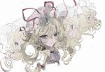  1girl blonde_hair closed_eyes expressionless hair_between_eyes hair_ribbon hat highres light_smile long_hair looking_at_viewer looking_to_the_side mob_cap multiple_expressions portrait profile purple_eyes purple_tabard ribbon sesmkun tabard touhou variations wavy_hair white_background yakumo_yukari 