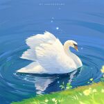 animal animal_focus artist_name bird duck english_text flower grass highres huhv. no_humans original outdoors reflection ripples swan water 