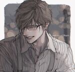  1boy border brown_eyes collared_shirt dadadadadaist final_fantasy final_fantasy_v hair_between_eyes half-closed_eyes highres ignis_scientia jewelry laughing male_focus necklace parted_lips shirt short_hair signature smile solo striped_clothes striped_shirt suspenders upper_body white_border 