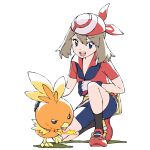 1girl :d bandana bike_shorts blue_eyes boko_(maniacpurple) brown_hair fanny_pack fire full_body gloves hair_between_eyes highres holding holding_poke_ball looking_at_viewer may_(pokemon) on_one_knee open_mouth poke_ball poke_ball_(basic) pokemon pokemon_(creature) pokemon_rse red_bandana red_shirt red_shoes shirt shoes short_hair short_sleeves shorts smile teeth torchic upper_teeth_only white_background 