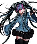  alternate_costume black_hair black_legwear chinese_clothes danganronpa fingerless_gloves gloves highres komatsuzaki_rui_(style) kurokku-tokei long_hair looking_at_viewer mioda_ibuki multicolored_hair piercing pink_eyes pink_hair pleated_skirt skirt solo super_danganronpa_2 thighhighs white_hair 