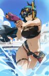  1girl absurdres aotsuki_remia bikini black_bikini blue_hair blue_sky breasts can chest_strap cleavage closed_mouth cloud day english_commentary goggles goggles_on_head green_hair green_streaks high_ponytail highres holding holding_water_gun indie_virtual_youtuber kuno_(runkunochan) large_breasts long_hair multicolored_hair navel outdoors ponytail pool sky snorkel solo standing streaked_hair swimsuit text_tattoo thigh_strap virtual_youtuber vspo! vspo!_en wading water water_gun wet yellow_eyes 