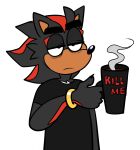 2025 5_fingers anthro beastofeuthanasia bent_arm black_body black_claws black_clothing black_eyebrows black_eyes black_fur black_nose black_shirt black_t-shirt black_topwear bracelet claws closed_frown clothed clothed_anthro clothed_male clothing container cup digital_drawing_(artwork) digital_media_(artwork) english_description english_text eulipotyphlan eyebrows finger_claws fingers frown fur fur_markings gold_(metal) gold_bracelet gold_jewelry half-closed_eyes half-length_portrait hedgehog holding_container holding_cup holding_mug holding_object jewelry light lighting male mammal markings mouth_closed mug multicolored_body narrowed_eyes portrait red_markings sega shadow_the_hedgehog shirt simple_background solo sonic_the_hedgehog_(series) t-shirt tan_inner_ear text text_on_mug thick_eyebrows tired_eyes topwear white_background white_body white_fur