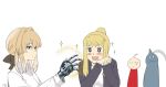  1boy 2girls :d ahoge alphonse_elric armor blonde_hair blue_eyes blue_jacket bow brown_bow collared_shirt crossover drooling edward_elric eyebrows fullmetal_alchemist hair_bow hair_intakes hand_up hands_up highres jacket long_sleeves mechanical_arms multiple_girls nanaya_(daaijianglin) open_mouth own_hands_together ponytail prosthesis prosthetic_arm saliva shirt signature simple_background smile sparkle sweatdrop violet_evergarden violet_evergarden_(character) white_background white_shirt wing_collar winry_rockbell 