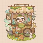  1boy ^_^ animal_crossing apothecary apron artist_name awning balance_scale bird blue_flower boots bottle bowl brown_background bug butterfly carrot cauldron chain closed_eyes commentary counter crystal english_commentary flask flower flower_pot grass green_hat grid_background hand_up hat herb herb_bundle highres holding holding_test_tube hyacinth kurain_villager lantern leif_(animal_crossing) lily_(flower) male_focus mario_(series) mortar_(bowl) moss mushroom open_mouth pestle pink_flower piranha_plant plant potion potted_plant puddle rabbit round-bottom_flask rubber_boots sign silent_princess simple_background sloth_boy smile solo test_tube the_legend_of_zelda trowel twitter_username unworn_boots vending_cart weighing_scale white_flower yellow_apron yellow_boots yellow_flower 