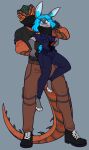 anthro arm_tattoo blood bloodshot_eyes blue_hair bodily_fluids clothed clothing crying death digital_media_(artwork) duo female furrowed_brow gore hair hand_on_face hand_on_neck hand_on_wrist hi_res huon_(felixcroc) killing knife lagomorph leporid lizard male male/female mammal mask monitor_lizard muscular muscular_male pained_expression police police_uniform rabbit reptile ribr0t rochelle_(ribr0t) scalie simple_background size_difference skinny_female stab stab_wound stabbed_through tattoo tears uniform wearing_mask