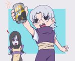  ! 2boys :d black_eyes black_hair blue_background border can drink_can eyeliner grey_border grey_hair happy holding holding_can layered_sleeves long_hair long_sleeves makeup makidsume male_focus multiple_boys naruto_(series) naruto_shippuuden ninja open_mouth orochimaru_(naruto) pale_skin purple_outfit raised_eyebrow rope_belt round_eyewear short_over_long_sleeves short_sleeves smile soda_can yakushi_kabuto yellow_eyes 