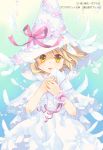  :o blue_background bow capelet copyright_request dress envelope feathers gradient gradient_background hands_up hat hat_ribbon kuga_tsukasa letter parted_lips pink_bow pink_ribbon ribbon solo translation_request watermark white_capelet white_dress white_hat witch_hat wristband yellow_eyes 