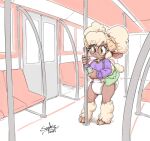 2025 2_horns anthro bell bell_collar blonde_hair bovid brown_body brown_skin caprine cellphone clean_diaper clothed clothing cloven_hooves collar colored cowbell diaper electronics eyewear female full-length_portrait fur glasses hair hi_res holding_cellphone holding_object holding_phone holding_smartphone hooves horn inside_train june_(lavenderlamb) looking_at_cellphone looking_at_object looking_at_phone mammal pantsless phone portrait public purple_clothing purple_sweater purple_topwear purse sheared sheep signature smartphone solo sophiepoof space_buns standing sweater tan_body tan_fur tan_wool topwear wearing_diaper wool_(fur) yellow_eyes