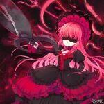  1girl black_dress chardoll_primavista copyright_name dairoku_ryouhei dress eye_mask frilled_dress frills holding holding_scissors holding_weapon i3_(tw) knife long_hair long_sleeves mask oversized_object pink_hair polearm puffy_long_sleeves puffy_sleeves red_dress scissors scythe solo standing trident weapon 