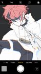  black_pants black_streaks blood_from_forehead blurry bound bound_arms chain chained collar commentary drawstring fake_phone_screenshot fake_screenshot highres hood hoodie looking_at_viewer male_focus multicolored_hair pants purple_eyes red_hair rope short_hair sitting streaked_hair sumino_takumi symbol-only_commentary the_hundred_line_-last_defense_academy- thigh_strap voltmeter_f white_hoodie 
