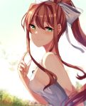  bangs bare_arms bare_shoulders blurry blurry_background blush bow breasts brown_hair closed_mouth commentary day doki_doki_literature_club dress eyebrows_visible_through_hair green_eyes hair_bow hair_intakes hand_up janineuy09 long_hair looking_at_viewer medium_breasts monika_(doki_doki_literature_club) outdoors pointing pointing_at_self ponytail sideboob sidelocks sleeveless sleeveless_dress smile solo upper_body white_dress 