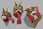  2015 anthro balls blush brown_fur canine clothing digital_media_(artwork) disembodied_penis duo ears_down erection eyebrows fellatio fox fox_mccloud fur green_eyes grey_background humanoid_penis jacket licking liteu male male/male mammal nintendo one_eye_closed oral penis penis_lick precum sex simple_background solo_focus star_fox teeth tongue tongue_out uncut vein veiny_penis video_games white_fur 