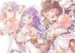  3girls :d ^_^ absurdres bare_shoulders blush breasts brown_hair brown_ribbon cleavage closed_eyes commentary_request cowboy_shot dress drill_hair facing_viewer flower flower-shaped_hair fujishima_megumi grin hair_flower hair_intakes hair_ornament hand_on_another&#039;s_back highres iroenpitsu_xxx itsudemo_itsumademo_(love_live!) large_breasts link!_like!_love_live! long_hair looking_at_viewer looking_back love_live! low_drills median_furrow multicolored_hair multiple_girls off-shoulder_dress off_shoulder official_alternate_costume official_alternate_hairstyle open_hand open_mouth otomune_kozue purple_hair red_hair ribbon short_hair shoulder_blades simple_background smile streaked_hair teeth underbust upper_teeth_only virtual_graduation_commemoration virtual_youtuber white_background white_dress white_flower white_hair yugiri_tsuzuri 