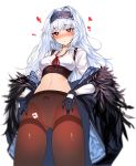  ass_visible_through_thighs bangs black_gloves black_hairband black_jacket black_legwear black_skirt blurry blush bow bow_panties breasts camouflage_print coat collarbone collared_shirt cowboy_shot crotch_seam depth_of_field feathers flying_heart girls_frontline gloves hairband hands_on_thighs heart heart-shaped_pupils jacket long_hair long_sleeves medium_breasts messy_hair navel neck_ribbon neck_scar neck_stitches no_pants off_shoulder open_clothes open_coat open_mouth panties pantyhose pokan_(xz1128) red_eyes red_ribbon ribbon scar shirt sidelocks simple_background skirt solo stomach symbol-shaped_pupils thighband_pantyhose thighs thunder_(girls_frontline) tsurime underbust underwear very_long_hair white_background white_panties 