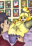 absurd_res animal_crossing anthro anykoe bed bell beverage blaire_(animal_crossing) breasts canid canine chevre_(animal_crossing) clothing coco_(animal_crossing) coffee coffee_cup container cup duo fauna_(animal_crossing) female furniture genitals hi_res human isabelle_(animal_crossing) june_(animal_crossing) katrina_(animal_crossing) ketchup_(animal_crossing) lolly_(animal_crossing) looking_at_another looking_pleasured lying maid_uniform male male/female mammal maple_(animal_crossing) nintendo on_back pictures signature skye_(animal_crossing) uniform villager_(animal_crossing) vulva