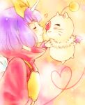  1girl blush bow closed_eyes creature cropped_sweater eiko_carol final_fantasy final_fantasy_ix hair_bow horns mini_wings moogle overalls purple_hair quichi_91 red_sweater short_hair single_horn smile sweater turtleneck turtleneck_sweater upper_body wings yellow_bow yellow_overalls 
