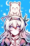  !? 1girl 1other bear blush bridal_gauntlets collared_shirt crescent_moon electronduck firefly_(honkai:_star_rail) gradient_eyes gradient_hair green_pupils grey_hair hair_between_eyes hair_intakes hair_ornament hair_ribbon hairband highres honkai:_star_rail honkai_(series) index_fingers_together jacket long_hair looking_up moon multicolored_eyes multicolored_hair own_hands_together ribbon shirt single_bridal_gauntlet star_(symbol) twitter_username two-tone_eyes white_shirt 