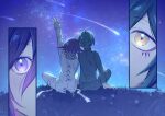  2boys ahoge arm_up black_jacket black_pants blush brown_hair checkered_neckerchief danganronpa_(series) danganronpa_v3:_killing_harmony ewa_(seraphhuiyu) flipped_hair grass jacket long_sleeves male_focus medium_hair multiple_boys neckerchief night night_sky oma_kokichi pants pink_eyes pink_hair saihara_shuichi short_hair sky striped_clothes striped_jacket striped_pants white_jacket white_pants 
