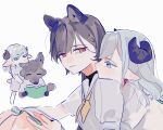  2girls ^_^ animal_ears aqua_neckerchief black_hair blue_eyes book ceras_yanagida_lilienfeld closed_eyes commentary curled_horns dress edel_note furrification furry furry_female grey_dress hair_ornament highres holding holding_book horns hug hug_from_behind katsuragi_izumi kemonomimi_mode link!_like!_love_live! long_hair looking_at_another love_live! medium_dress multiple_girls multiple_views neckerchief open_book orange_eyes person_and_furrification pipi_(m1x_mix) profile puffy_short_sleeves puffy_sleeves sailor_collar sheep_ears sheep_girl sheep_horns sheep_tail short_sleeves simple_background sitting standing summer_uniform tail triangle_hair_ornament turtleneck v-shaped_eyebrows virtual_youtuber white_background white_sailor_collar wolf_cut wolf_ears wolf_girl wolf_tail yellow_neckerchief yuri 