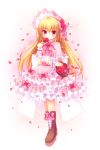  bangs blonde_hair blush boots bow brown_footwear capelet closed_mouth commentary_request dress eyebrows_visible_through_hair flower flower_basket frilled_capelet frills hair_between_eyes himetsuki_luna holding holding_flower long_hair looking_at_viewer original petals pink_bow pink_capelet pink_dress platform_footwear red_eyes red_flower red_rose rose smile solo standing very_long_hair 