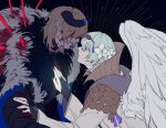  2boys angel_and_devil angel_wings banana69281 black_bridal_gauntlets black_fur black_horns blonde_hair blood blood_from_mouth blood_on_face blue_cape bridal_gauntlets broken_horn cape chinese_commentary commentary_request covered_eyes demon demon_horns dimitri_alexandre_blaiddyd dimitri_alexandre_blaiddyd_(timeskip) feathered_wings fire_emblem fire_emblem:_three_houses flower green_eyes green_hair grey_fur hair_behind_ear hair_flower hair_ornament hair_over_eyes hand_on_another&#039;s_arm hand_on_another&#039;s_chest horns impaled injury long_sleeves looking_at_another male_byleth_(enlightened)_(fire_emblem) male_byleth_(fire_emblem) male_focus multiple_boys mystical_high_collar open_mouth parted_bangs profile robe short_hair tassel teeth tiara upper_body upper_teeth_only white_flower white_robe white_wings wings 