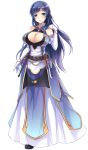  artist_request belt blue_eyes blue_hair breasts chain cleavage cleavage_cutout dress elbow_gloves eyebrows_visible_through_hair full_body gloves gold_trim hair_ornament half-closed_eyes hand_on_own_shoulder highres huge_breasts irene_(master_of_eternity) light_blush long_dress looking_at_viewer master_of_eternity nexon official_art transparent_background wavy_hair 