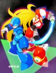  2boys arm_cannon armor blonde_hair blue_armor blue_eyes blue_helmet chest_jewel clenched_hands energy_sword fighting_stance forehead_jewel gloves glowing green_eyes helmet highres holding holding_sword holding_weapon jewelry long_hair looking_at_viewer male_focus mega_man_(series) mega_man_x_(series) multiple_boys no-rishio ponytail red_armor red_helmet serious shoulder_armor standing sword twitter_username two_side_up very_long_hair weapon white_gloves x_(mega_man) z_saber zero_(mega_man) 