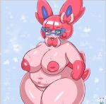 absurd_res anthro anthrofied areola belly big_breasts big_nipples birthmark blue_eyewear blue_glasses blue_sclera blush bodily_fluids breasts eeveelution eyebrows eyelashes eyewear female generation_6_pokemon genitals glasses hair hand_on_hip hi_res huge_breasts huge_nipples humanoid inverted_nipples javi&#039;s_mother_(mintyspirit) looking_at_viewer markings miyang_draws! nintendo nipples one_eye_closed open_mouth open_smile overweight overweight_female pink_areola pink_hair pink_nipples pokemon pokemon_(species) pokemorph ribbons ribbons_(anatomy) signature simple_background slightly_chubby smile solo sweat sweaty_breasts sylveon thick_thighs vulva white_eyes wide_hips wink