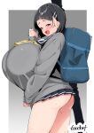  1girl ass bag black_hair black_sailor_collar black_skirt blush bob_cut border breasts cardigan commentary_request gigantic_breasts grey_background grey_cardigan grey_eyes hair_ornament hairclip kirigaya_suguha long_sleeves looking_at_viewer open_mouth sailor_collar school_bag school_uniform short_hair simple_background skirt smile solo sweat sword_art_online thighs toudori white_border 