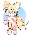 2020 2_tails 5_fingers anthro areola biped black_nose blue_eyes blush bodily_fluids boots boots_only breasts canid canine clothing colored countershade_face countershade_torso countershading crossgender dipstick_tail featureless_crotch female fingers footwear footwear_only fox front_view gloves handwear hi_res knock-kneed mammal markings miles_prower mostly_nude mtf_crossgender multi_tail nipples oposa orange_body sega shaded shoes simple_background solo sonic_the_hedgehog_(series) standing sweat tail tail_markings white_body white_countershading white_inner_ear