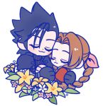  105zz 1boy 1girl :3 aerith_gainsborough armor bangle black_gloves black_hair blush bracelet braid braided_ponytail brown_hair closed_eyes closed_mouth commentary_request couple crisis_core_final_fantasy_vii drill_hair drill_sidelocks final_fantasy final_fantasy_vii final_fantasy_vii_rebirth final_fantasy_vii_remake flower gloves hair_ribbon hand_on_another&#039;s_back heads_together jacket jewelry lowres parted_bangs pink_flower pink_ribbon ponytail red_jacket ribbed_sweater ribbon scar scar_on_cheek scar_on_face shoulder_armor sidelocks simple_background smile spiked_hair sweater turtleneck turtleneck_sweater upper_body white_background white_flower yellow_flower zack_fair 