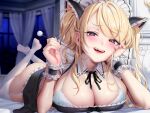  1girl animal_ears black_hair blonde_hair blue_bra blush bra breasts brown_eyes cat_ears cleavage curtains fang garter_straps hair_between_eyes hand_on_own_face highres indoors large_breasts long_hair looking_at_viewer lying maid makeup masami_chie mimikaki on_side on_stomach open_mouth original sidelocks smile solo the_pose thighhighs underwear white_background white_garter_straps window 