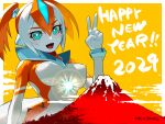  1girl 2024 :d artist_name blue_eyes bodysuit breasts colored_skin fang giant giantess happy_new_year looking_at_viewer medium_breasts monster_girl mount_fuji mountain multicolored_hair multicolored_skin new_year nikunopengin open_mouth orange_hair original smile solo twintails v volcano white_hair white_skin x-girl_flare 